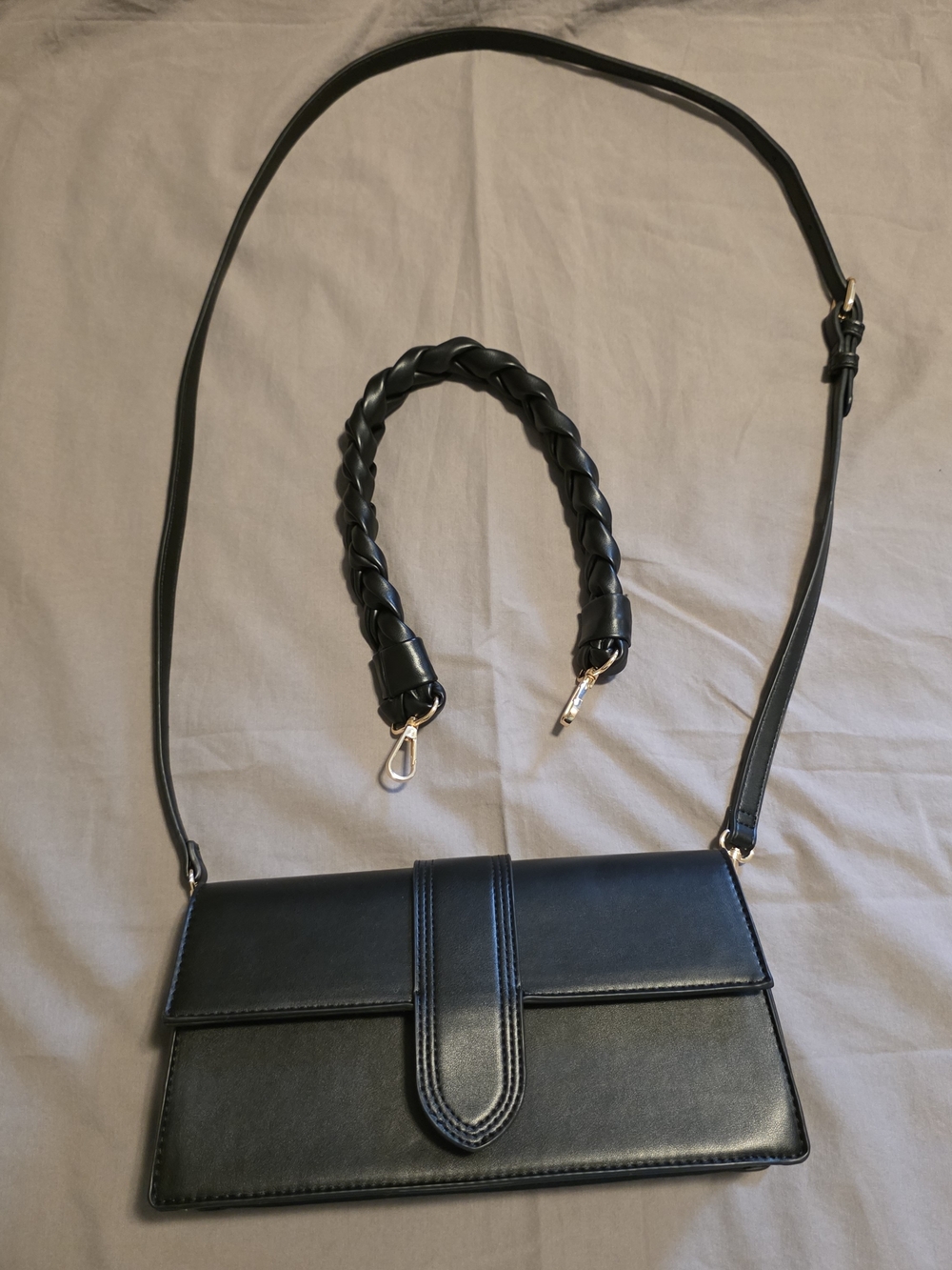 Classic Black Leather Crossbody Bag with Braided Strap